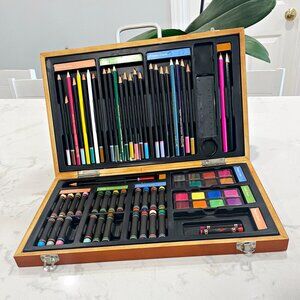 Art Set in Wood Carry Case Colored Pencils Crayons Incomplete Missing Pcs Vintge